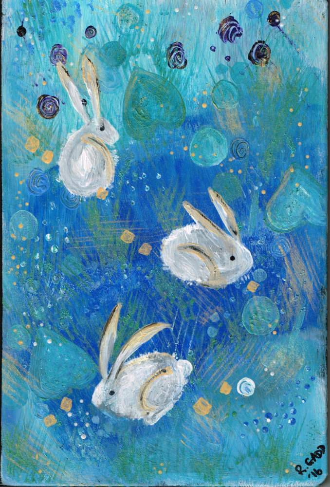 Painting of 3 white rabbits on a blue background