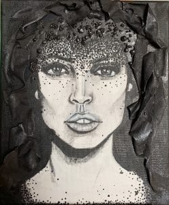 Painting of woman's face with black hood
