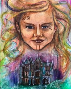 Painting of a girl with celtic markings on her face with a castle below her.