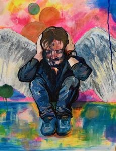 Colourful painting of man with angel wings, crouching down with hand on head in despair