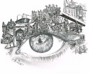 Drawing of large eye with buildings / icons from Durham City around it