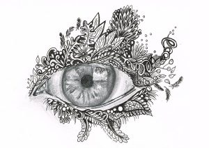Graphite and ink drawing of an eye surrounded by wildlife as the eyelids.