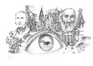 Graphite and ink drawing of an eye surrounded by things of importance to Ushaw College in Durham,