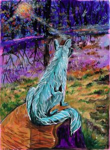 Vividly coloured painting of a fox stood on top of a tree stump at twilight.