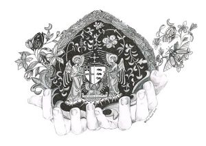 Graphite drawing of a pair of hands holding things of note to Ushaw College in Durham