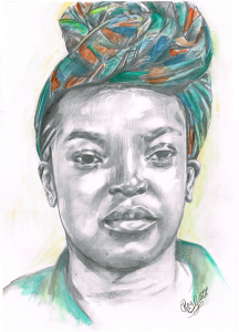 Portrait of lady wearing colourful headscarf in knot