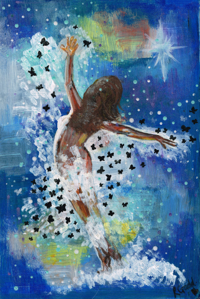 Naked lady with back to viewer, dancing surrounded by black butterflies and magical background mostly blue