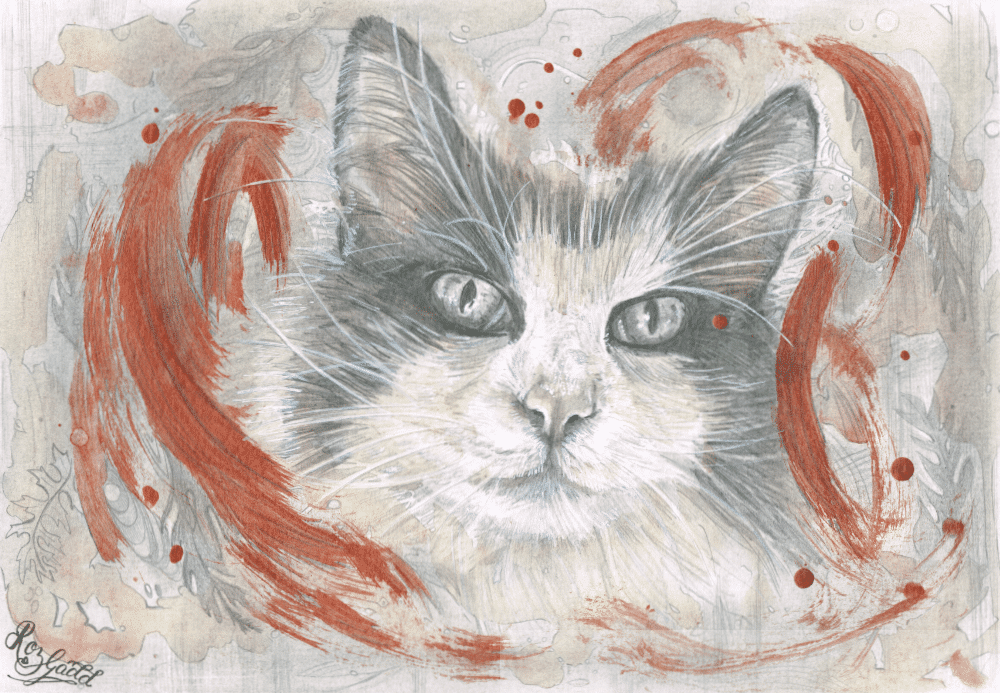 Graphite drawing of a Norwegian Forest Cat's face surrounded by an abstract interpretation of an Acer bush in bronze.