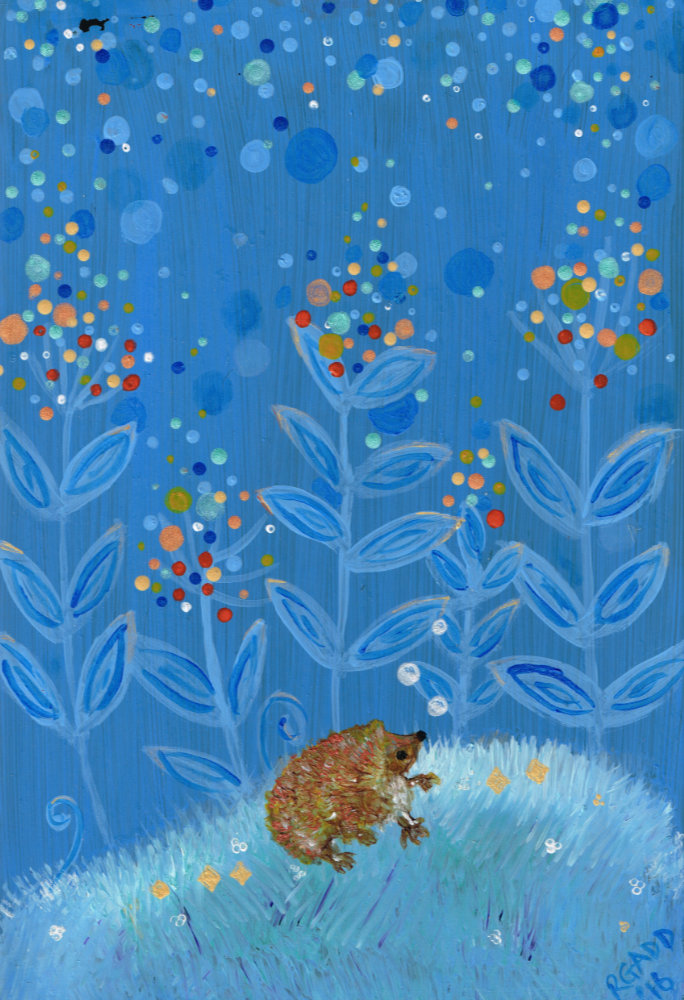 Hedgehog with large plants on blue background