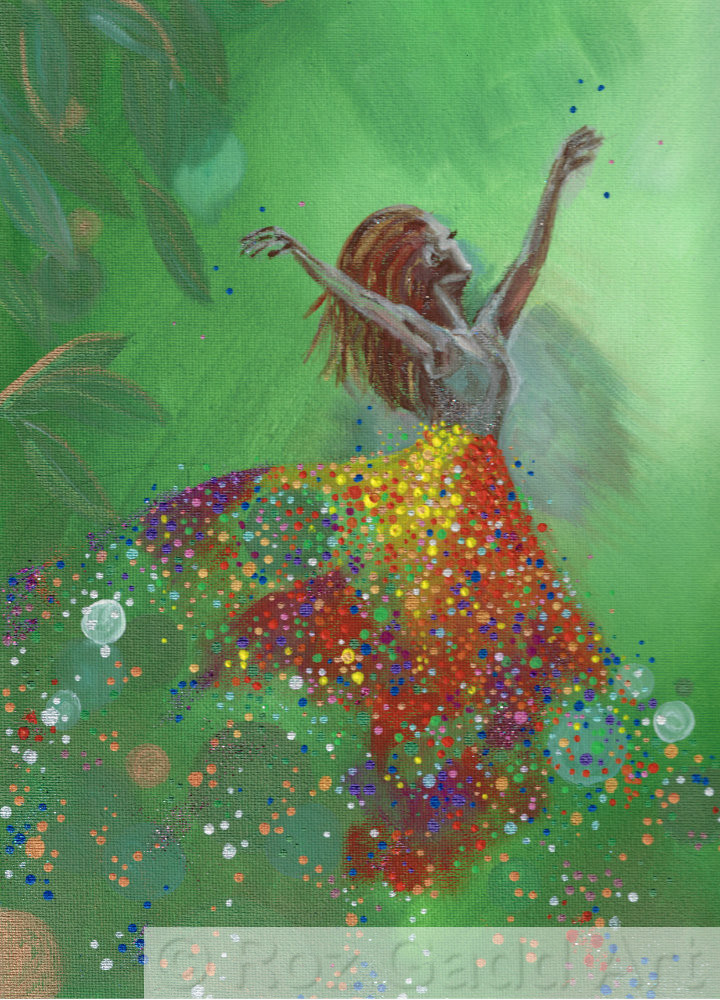 Green background with lady dancing in skirt made of multicoloured dots