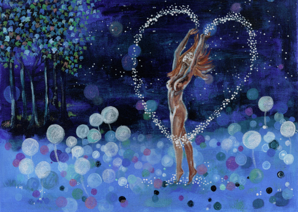 Naked lady dancing in moon shine , with magical heart coming out of her hands