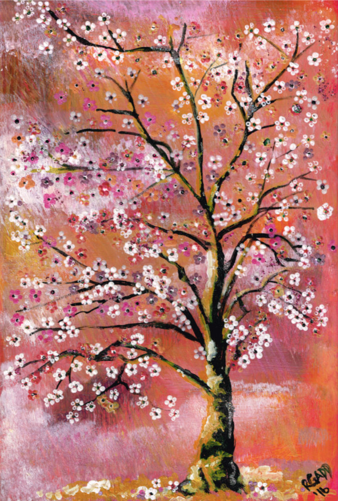 White and pink cherry blossom tree in a pink and orange background