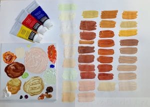 Photo of white paper with a paint palette in the corner and some paint tubes next to it. On the paper is various colour swatches of many different skin colours.