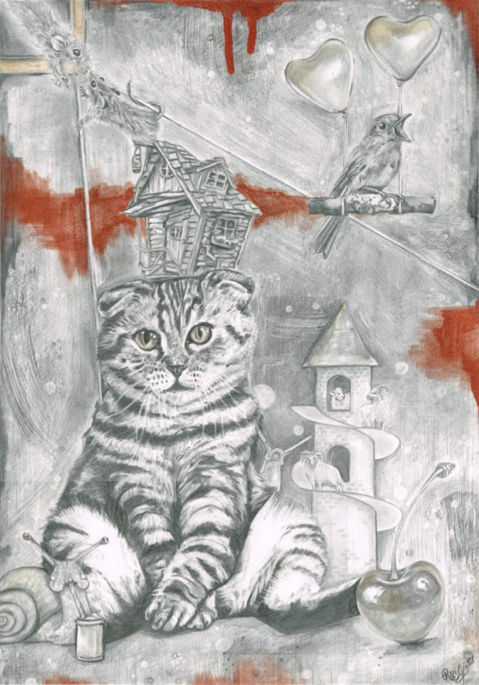 Graphite drawing of a striped cat sitting down with a crooked cottage balancing on its head. Around a cat there is various bits of wildlife such as a snail, and a mouse.