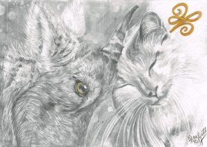 Graphite drawing of a cat and a goat rubbing their heads together with a celtic symbol in the corner.