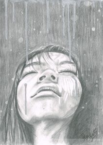 Graphite drawing of a woman looking upwards with her eyes shut. There is rain pouring down around her.