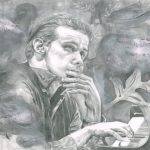 Graphite drawing of a man with his left hand on his mouth, and his right hand on a piano. There is some music tablature behind him.
