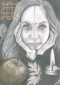 Graphite drawing of a woman cupping her face with her hands looking right at us. She has celtic markings on her face.