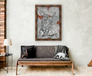 room with sofa and on wall is large drawing with cat